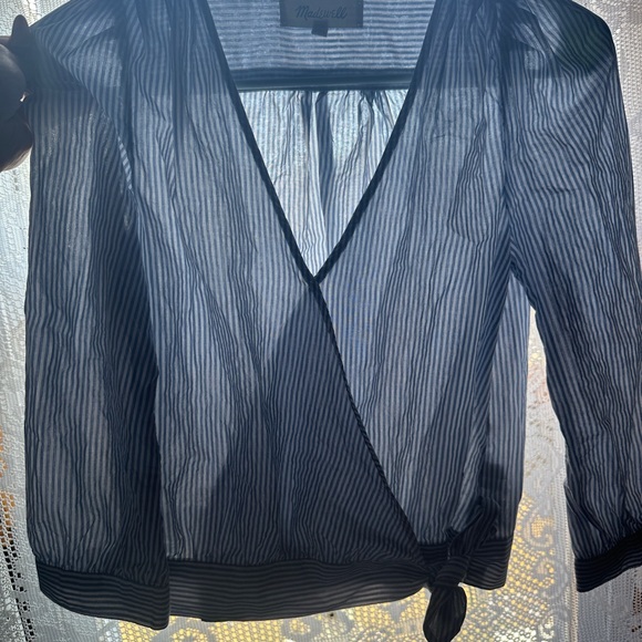 Madewell Light Blue/White Pin Stripe Wrap Blouse - Picture 3 of 8